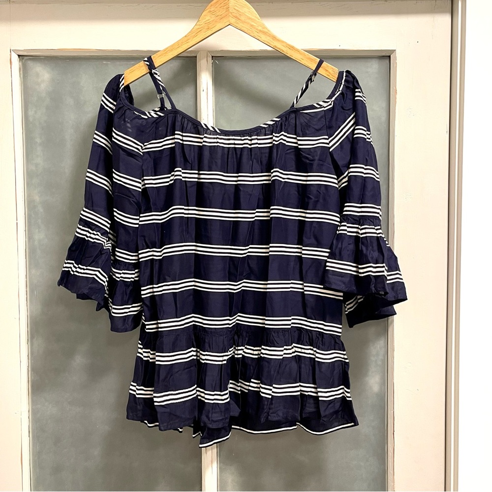 Navy and white striped flowy off shoulder blouse